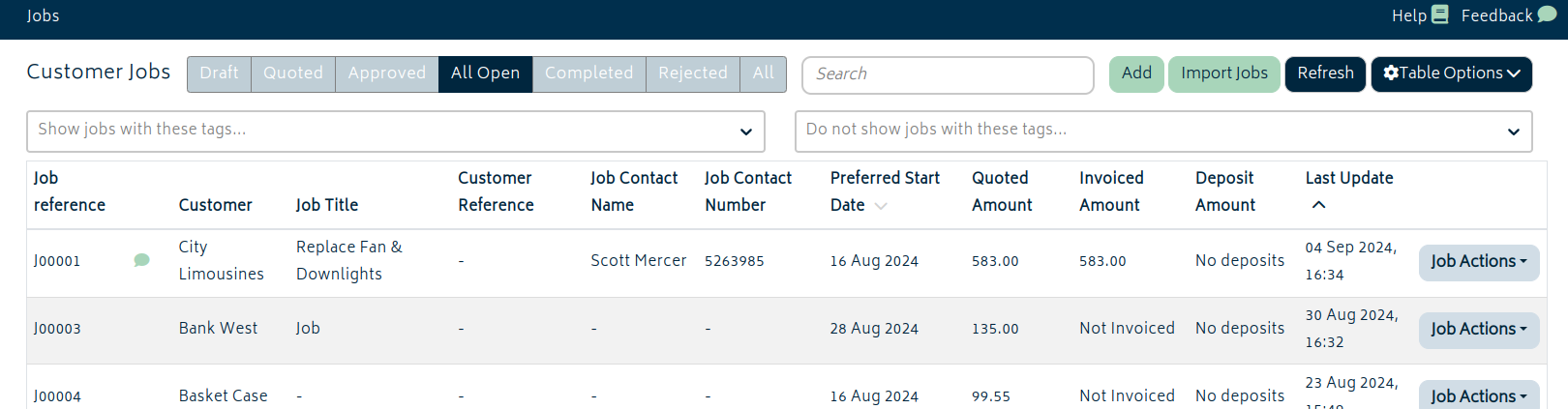 The job list as of Gojee 5.3, featuring a button for importing jobs.